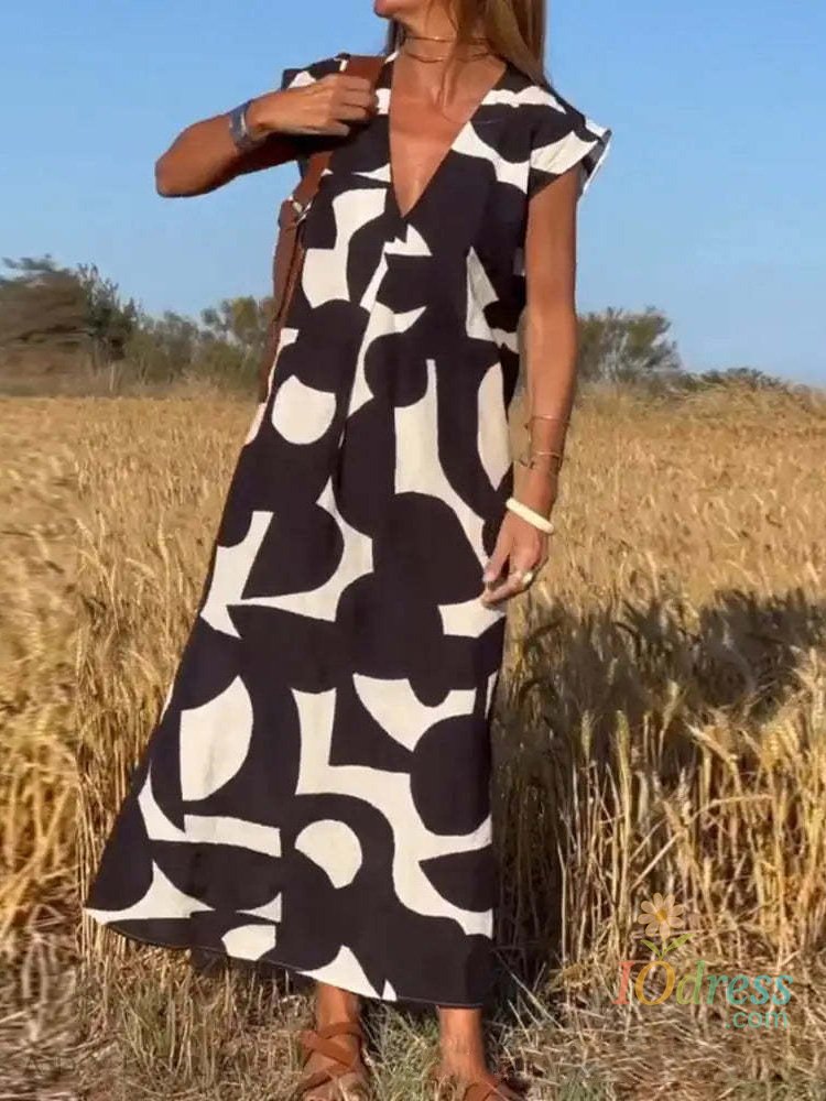 IO Dress Irregular Geometric Print Long Dress Women's V-Neck Short Sleeved Loose Dresses Summer Casual Elegant Robe IO Dress