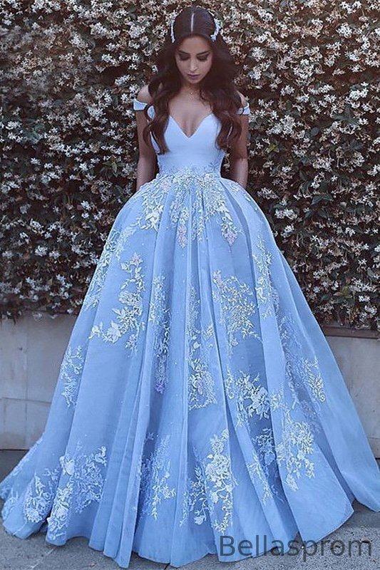 Bellasprom Baby Blue Evening Dress With Lace Appliques Off-the-Shoulder Bellasprom