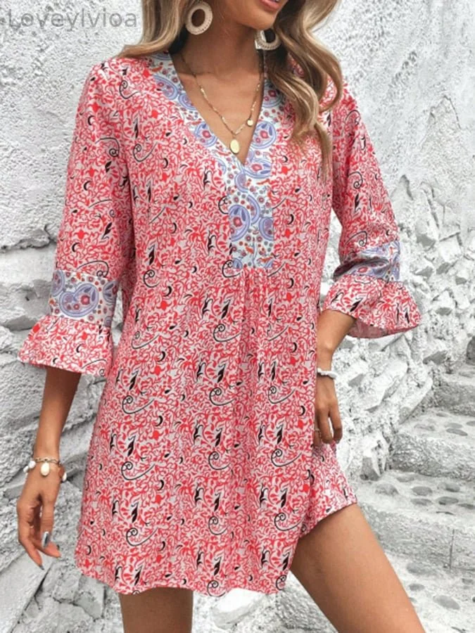 Women's Resort Style V-Neck Printed Bell Sleeve Dress