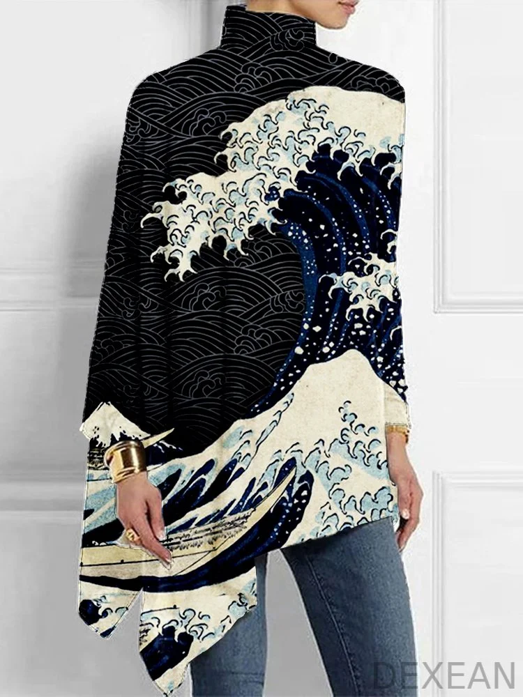 Japanese Wave Inspired Graphic High Neck Bat Sleeve T Shirt