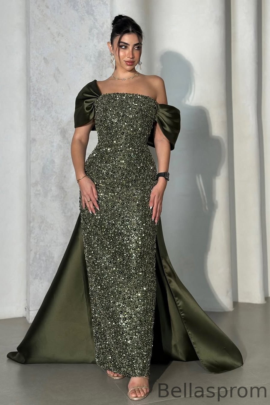 Bellasprom Army Green Off-the-Shoulder Mermaid Prom Dress Long With Sequins Beads Bellasprom