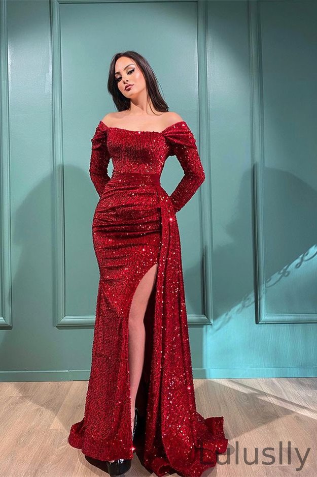 Luluslly Burgundy Long Sleeves Sequins Evening Dress Mermaid Slit With Ruffles