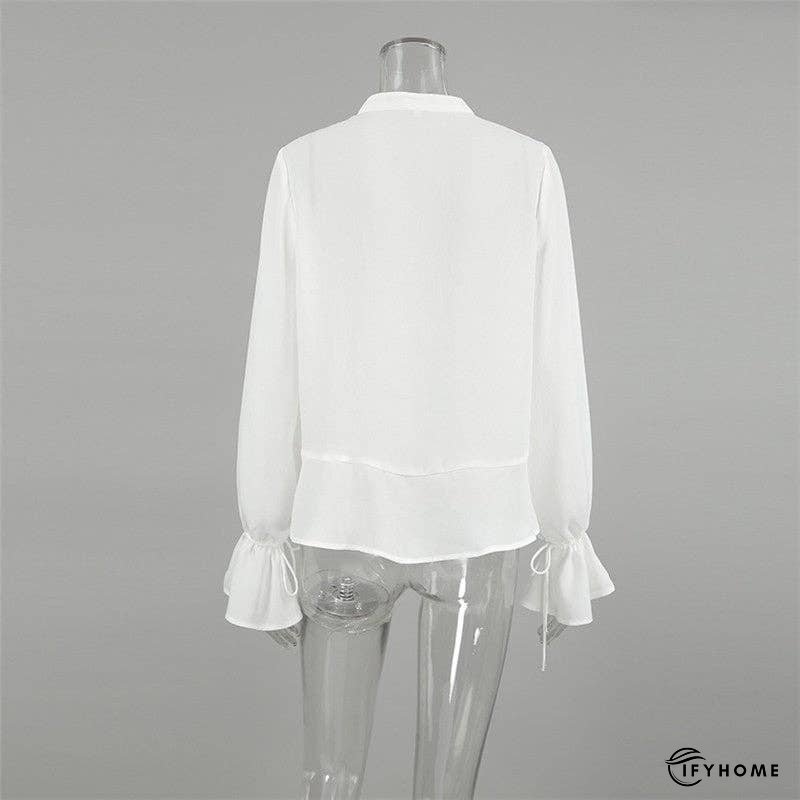 White Tie-Up Top With Mandarin Collar | IFYHOME