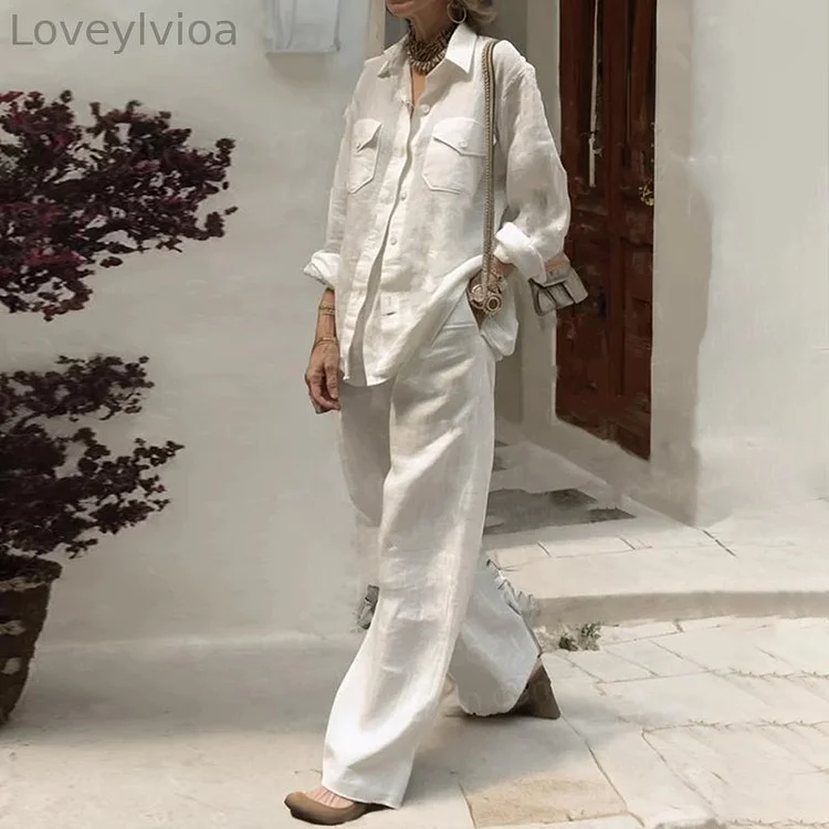 Casual Long Sleeved Shirt Loose Pants Linen Two Piece Set
