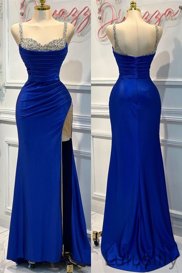 Classic Royal Blue Sweetheart Sleeveless Mermaid Evening Gowns With High Split Beadings - lulusllly