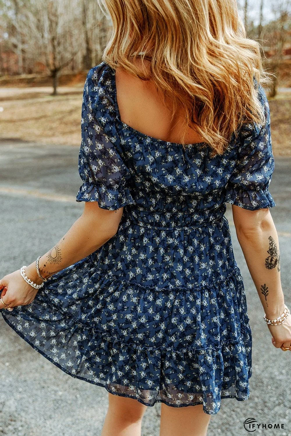 Printed Square Neck Short Sleeve Dress | IFYHOME