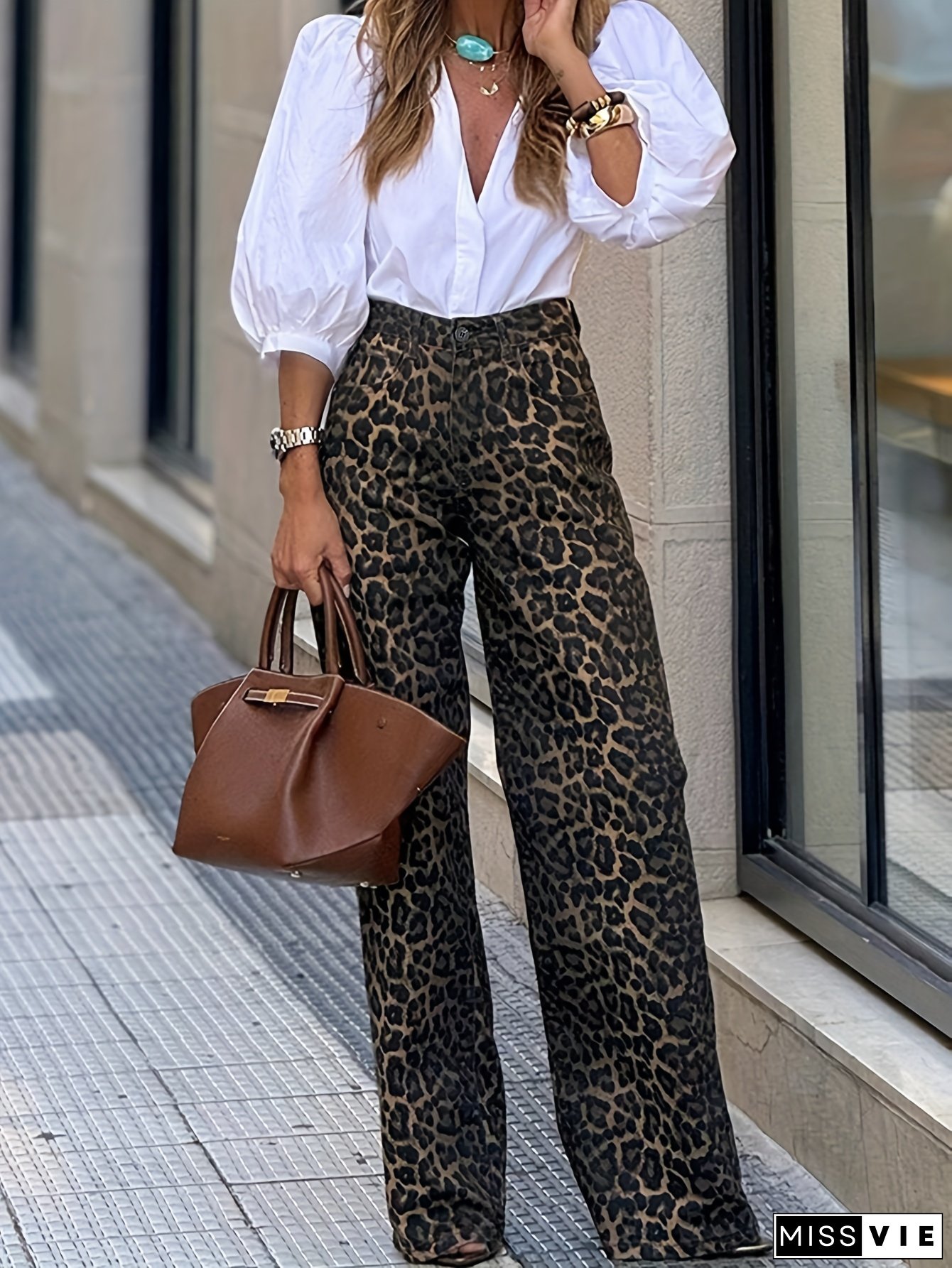FD1906 Spring And Summer New Leopard Print Single Button Pocket Mid-Waist Fashion Women&lsquo;s Straight Leg Long Pants