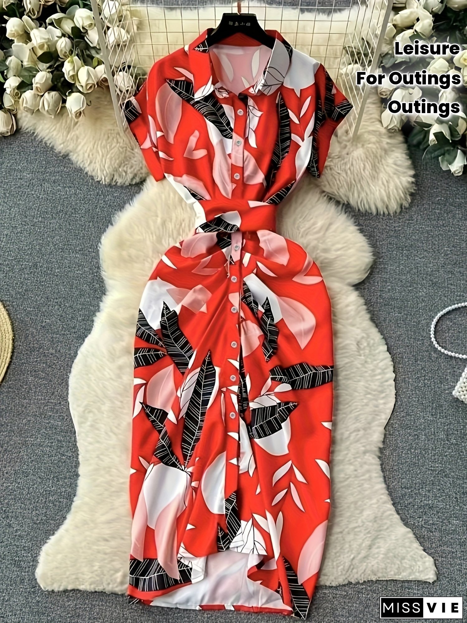 High-End Women's Spring/Summer Casual Elegant Digital Print Dress, This Shirt-Style Skirt Features Short Sleeves With A Collar And Button Closure In Red As The Main Color Tone, Paired With Black And White Leaf Patterns