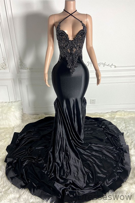 Dresseswow Black Halter Sleeveless Mermaid Formal Dresses With Beadings Strings Back