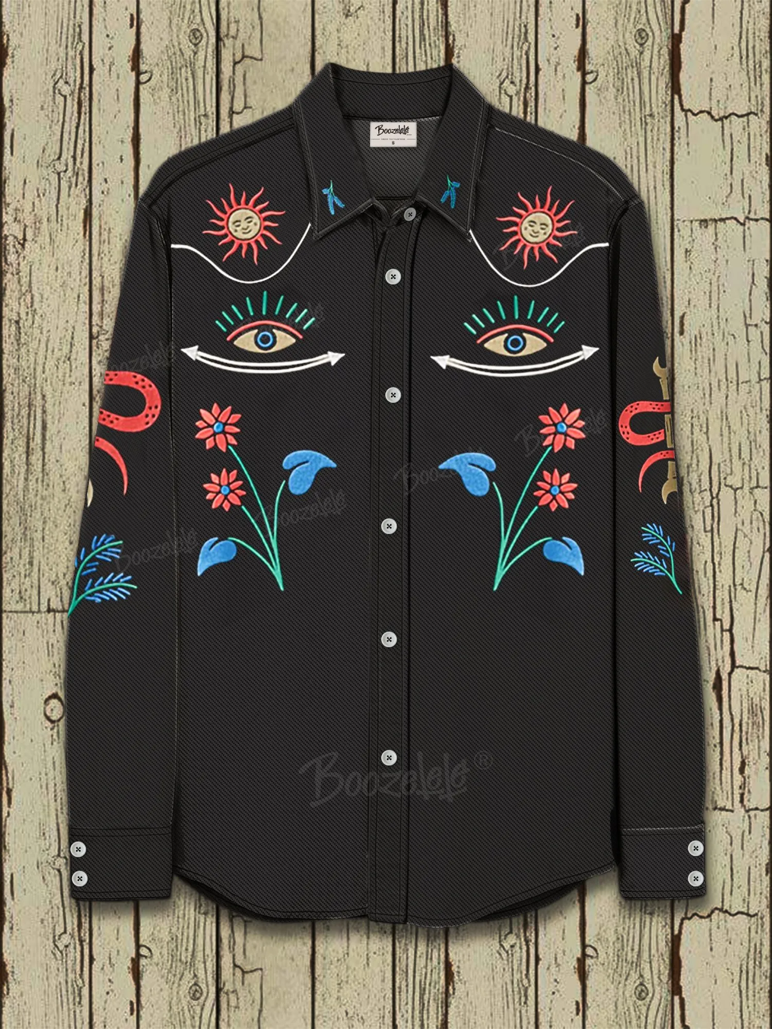 Men'S Denim Western-Style Long-Sleeved Shirt With Eye Pattern