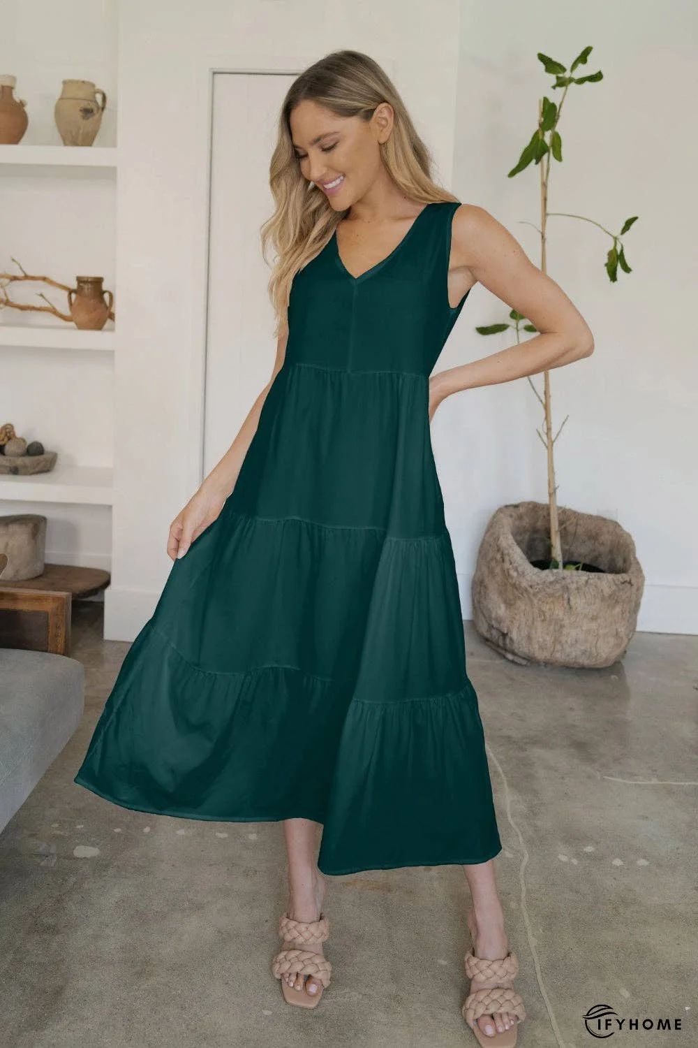 V-Neck Sleeveless Midi Tiered Dress | IFYHOME