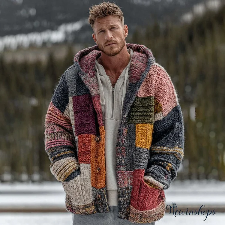 Men's Geometric Block Contrast Knit Button Hooded Sweater