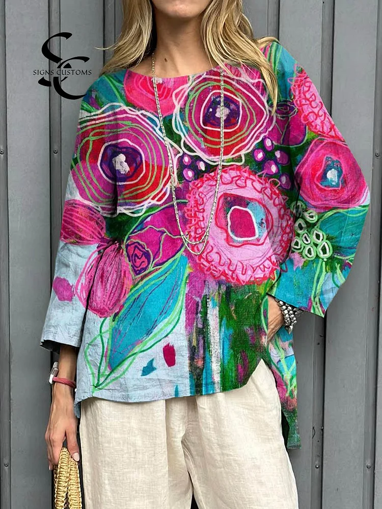 Women's Vintage Floral Art Print Casual Cotton And Linen Shirt