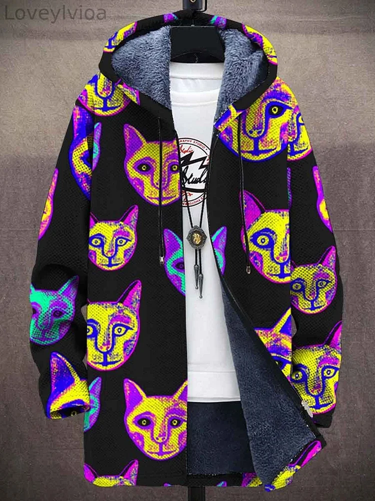 Cat Abstract Art Unisex Plush Thick Long-Sleeved Print Sweater Cardigan Coat