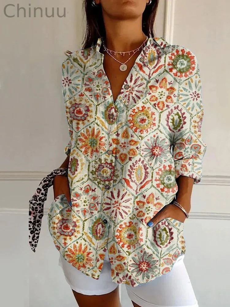 Vintage Ethnic Floral Print Casual Long Sleeve Shirt