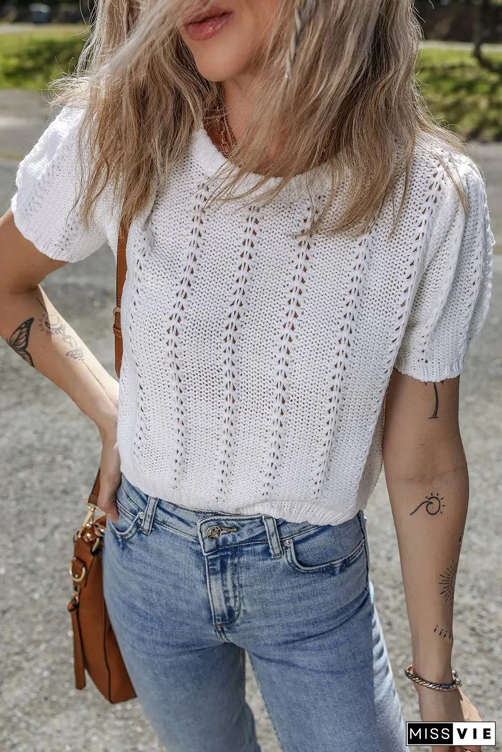 Pointelle Knit Short Puff Sleeve Crewneck Sweater