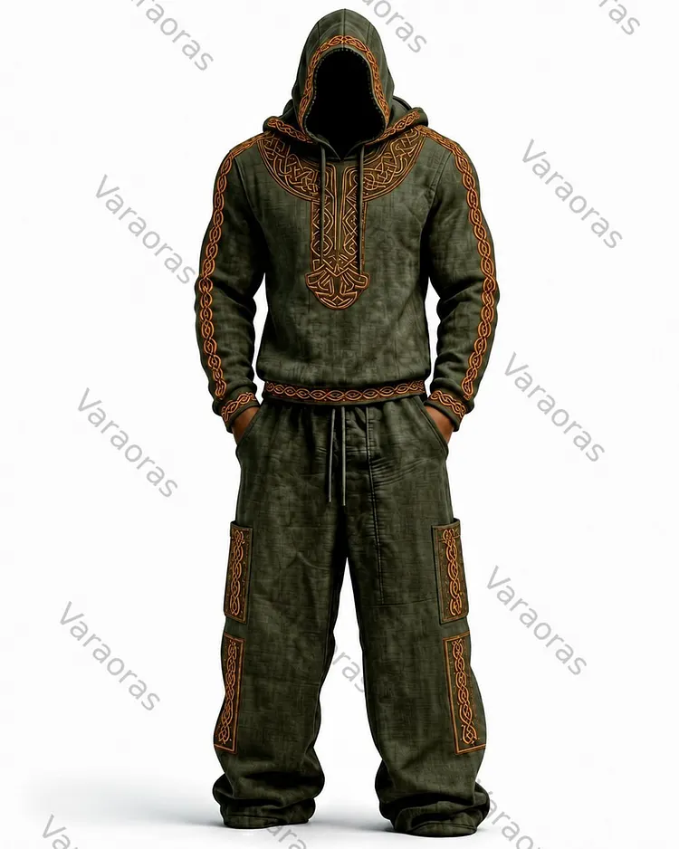 Men's Viking-Style Color-Blocked Knot Embroidered Hoodie and Pants Set 3931