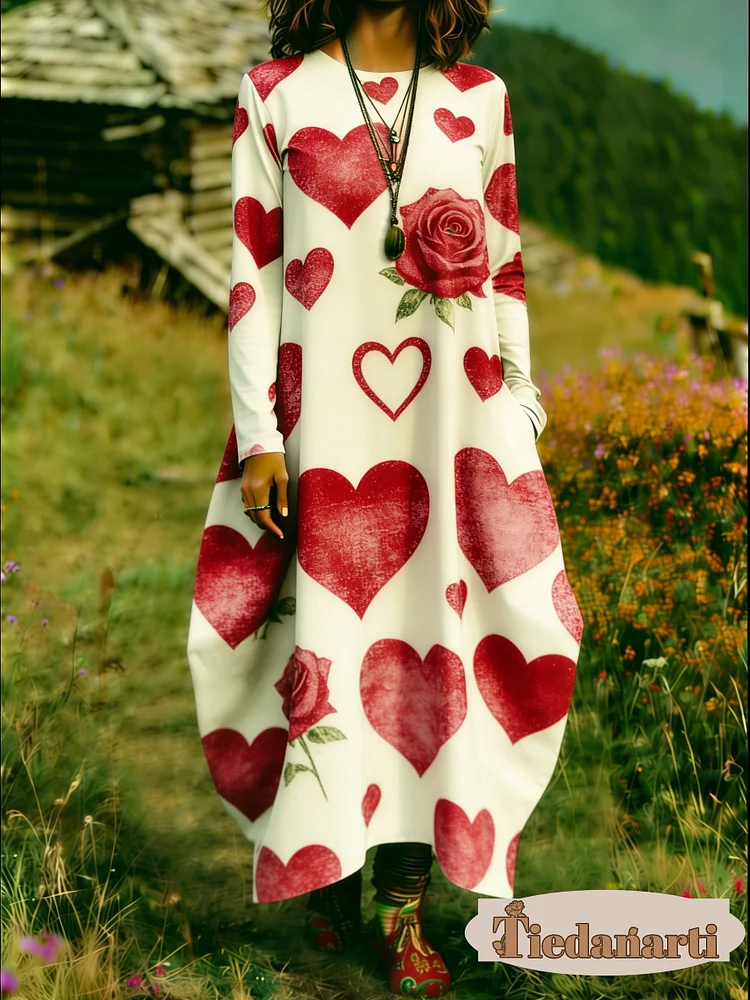 Women's Floral Print Crew Neck Long Sleeve Cotton Pocket Dress