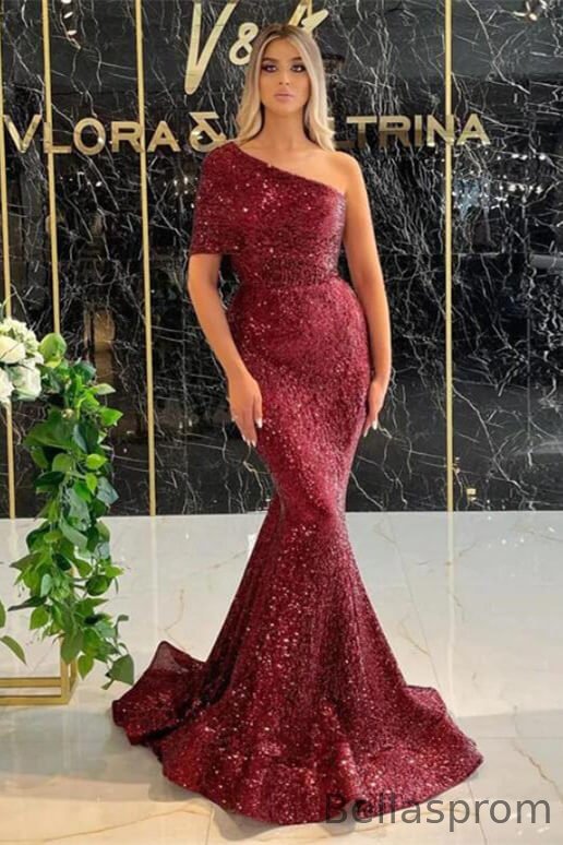 Bellasprom One Shoulder Burgundy Sequins Prom Dress Mermaid Long Online Bellasprom