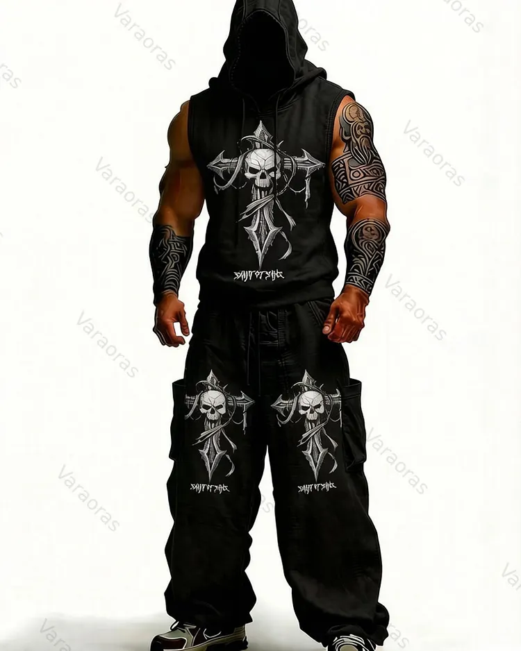 Men's Fashion Cross Embroidered Hooded Sleeveless Top and Pants Two-Piece Set2662