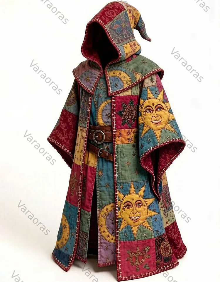 Men's Fashion Star and Moon Print Hand-stitched Linen Hooded Cape  5020