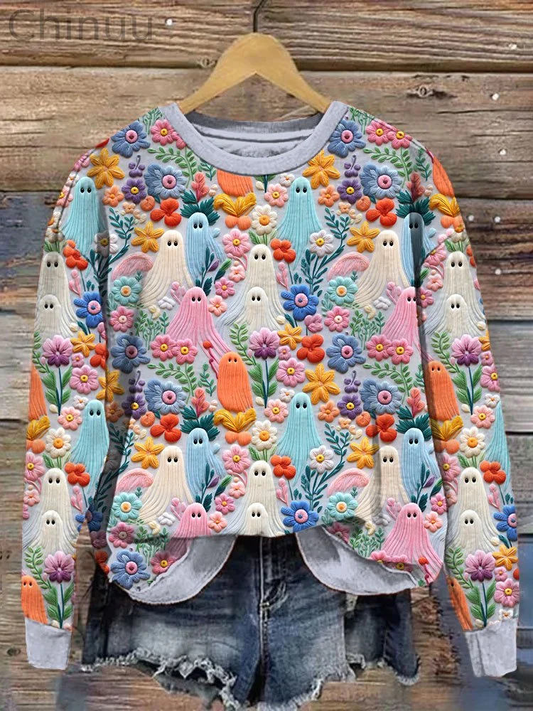 Colorful Floral Ghost Embroidery Pattern Sweatshirt