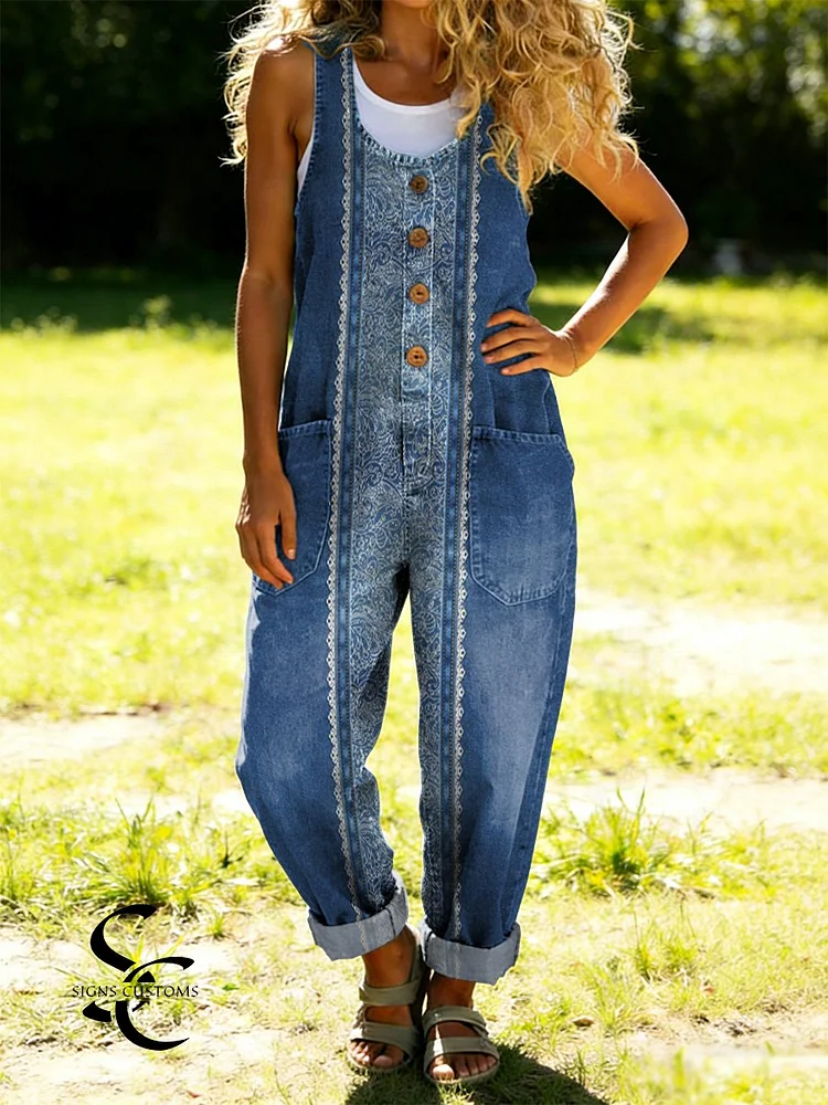Women's Denim And Lace Decorative Patterns Casual Cotton Vest And Denim Jumpsuit
