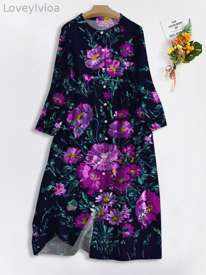 Women's Vintage Pansy Floral Print Single Breasted Pocket Dress