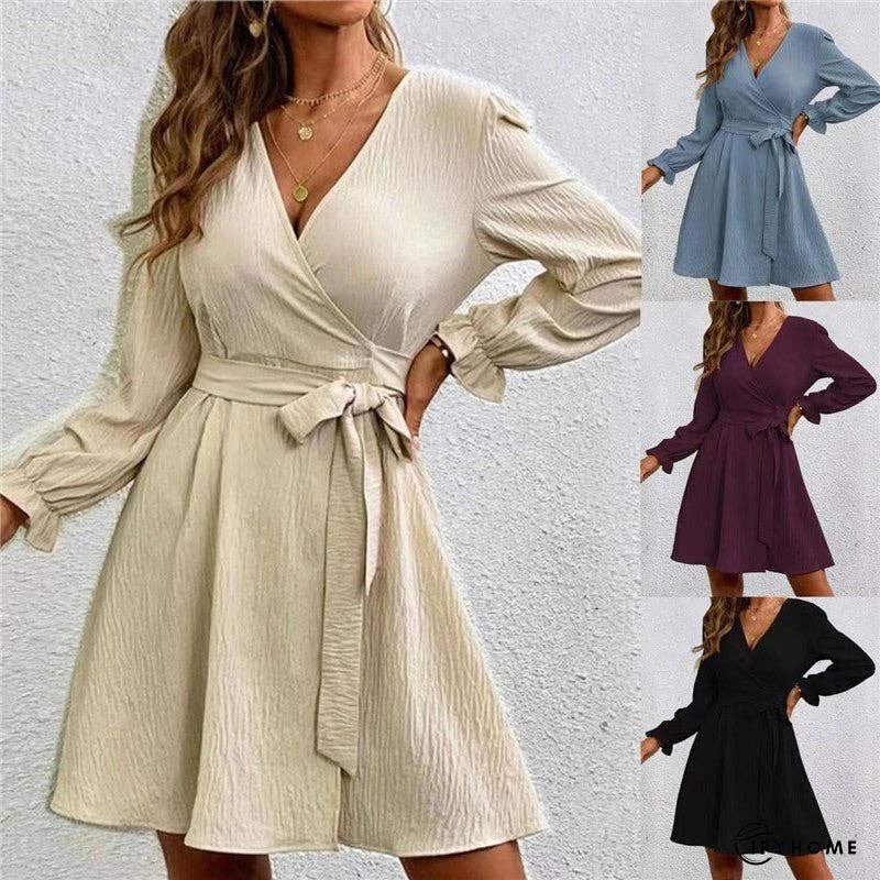 V-Neck Long Sleeves Solid Color Waist Tied Mini Dress | IFYHOME