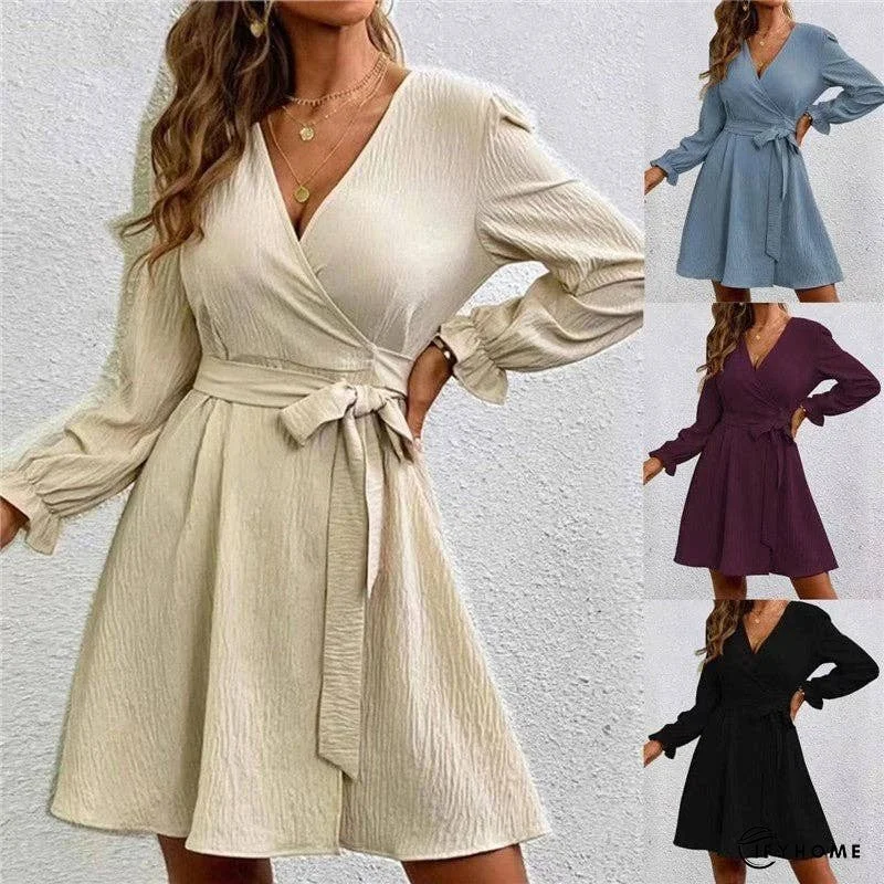 V-Neck Long Sleeves Solid Color Waist Tied Mini Dress | IFYHOME