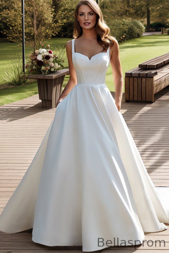 Bellasprom Straps Sleeveless Satin Wedding Dress Princess With Button Back Bellasprom