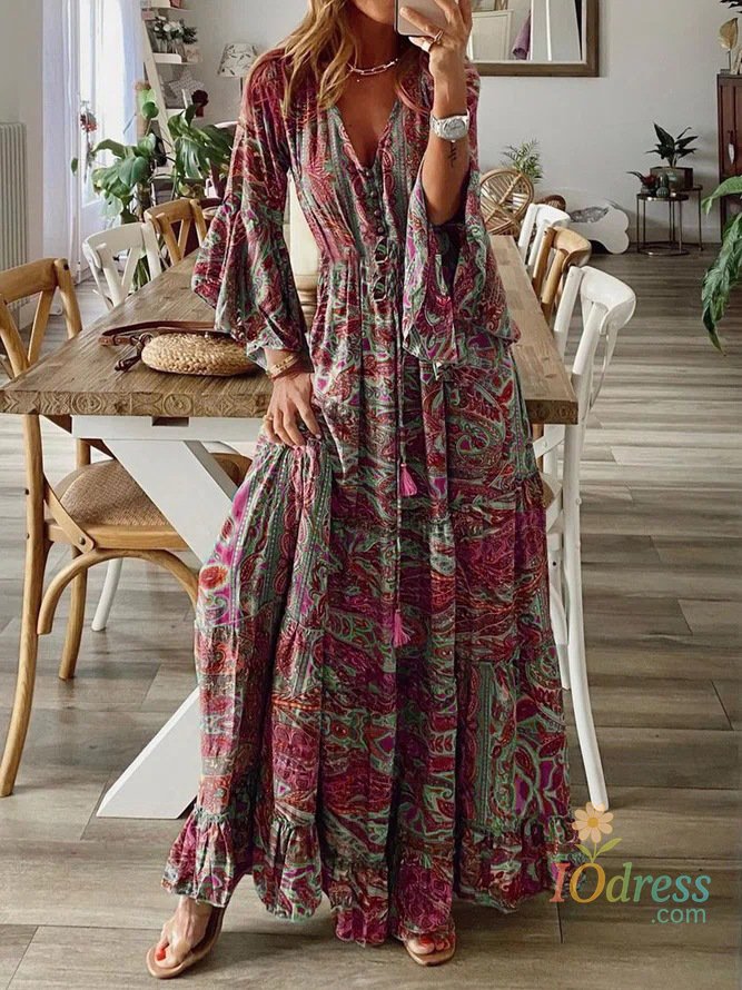 IO Dress Spring Autumn Women's Fashion Bohemian Style Flare Sleeves Printed V-neck High Waist Dress Fragmented Flower Women's Long Dress