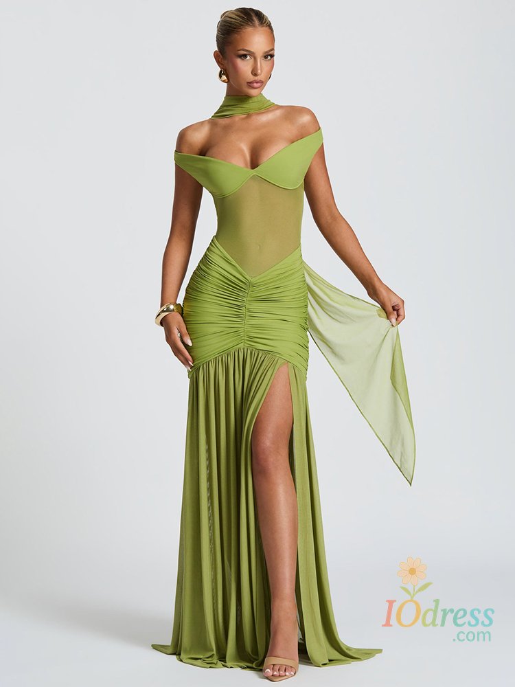 IO Dress Mozision Off-shoulder Backless Sexy Maxi Dress Women Gown Halter Sleeveless Backless Thigh High Split Club Party Long Dress
