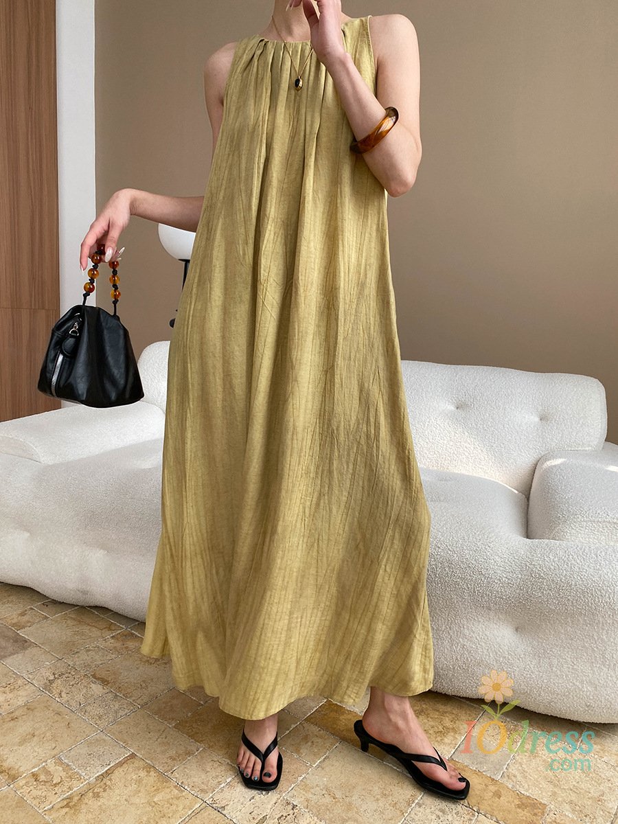 IO Dress Spring and summer women's casual solid color round neck sleeveless loose dress