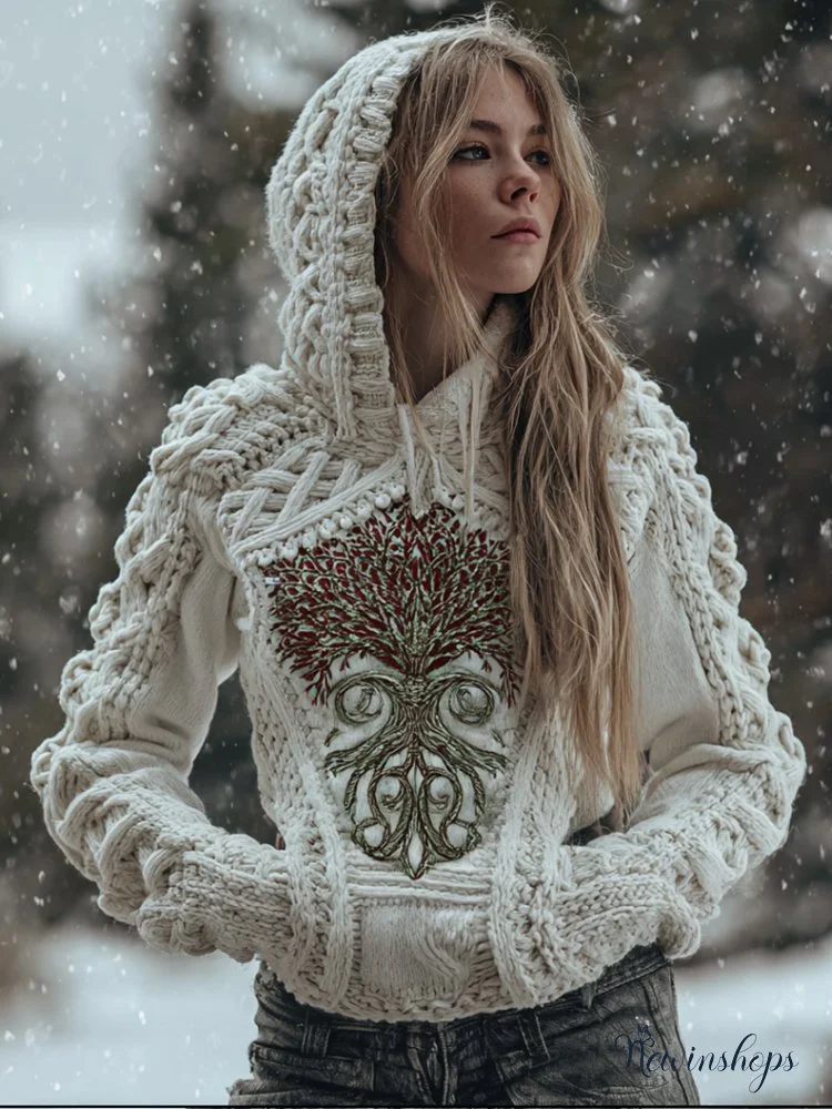 Women's Viking Style Tree Of Life And Rose Hooded Sweater