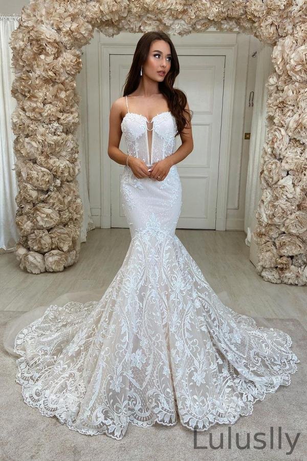 Luluslly Chic Long Mermaid Sweeteart Spaghetti-Straps Wedding Dress With Lace Backless