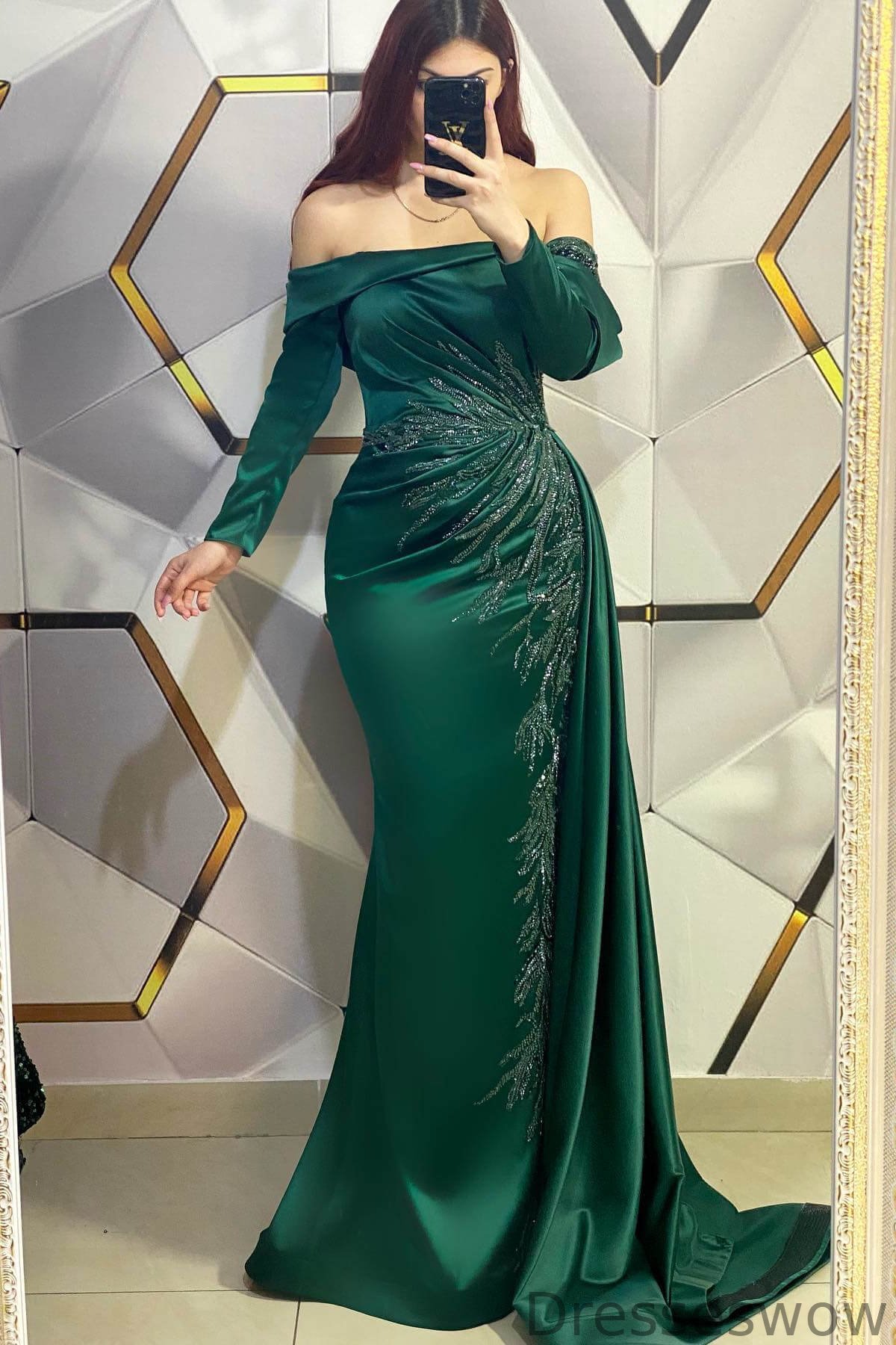Dresseswow Dark Green Off-the-Shoulder Long Sleeves Mermaid Evening Dress With Ruffles Beadings