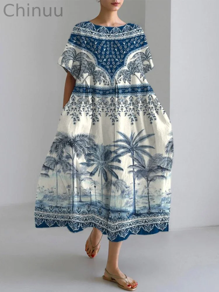 Ethnic Floral Pattern Women's Linen Maxi Dress