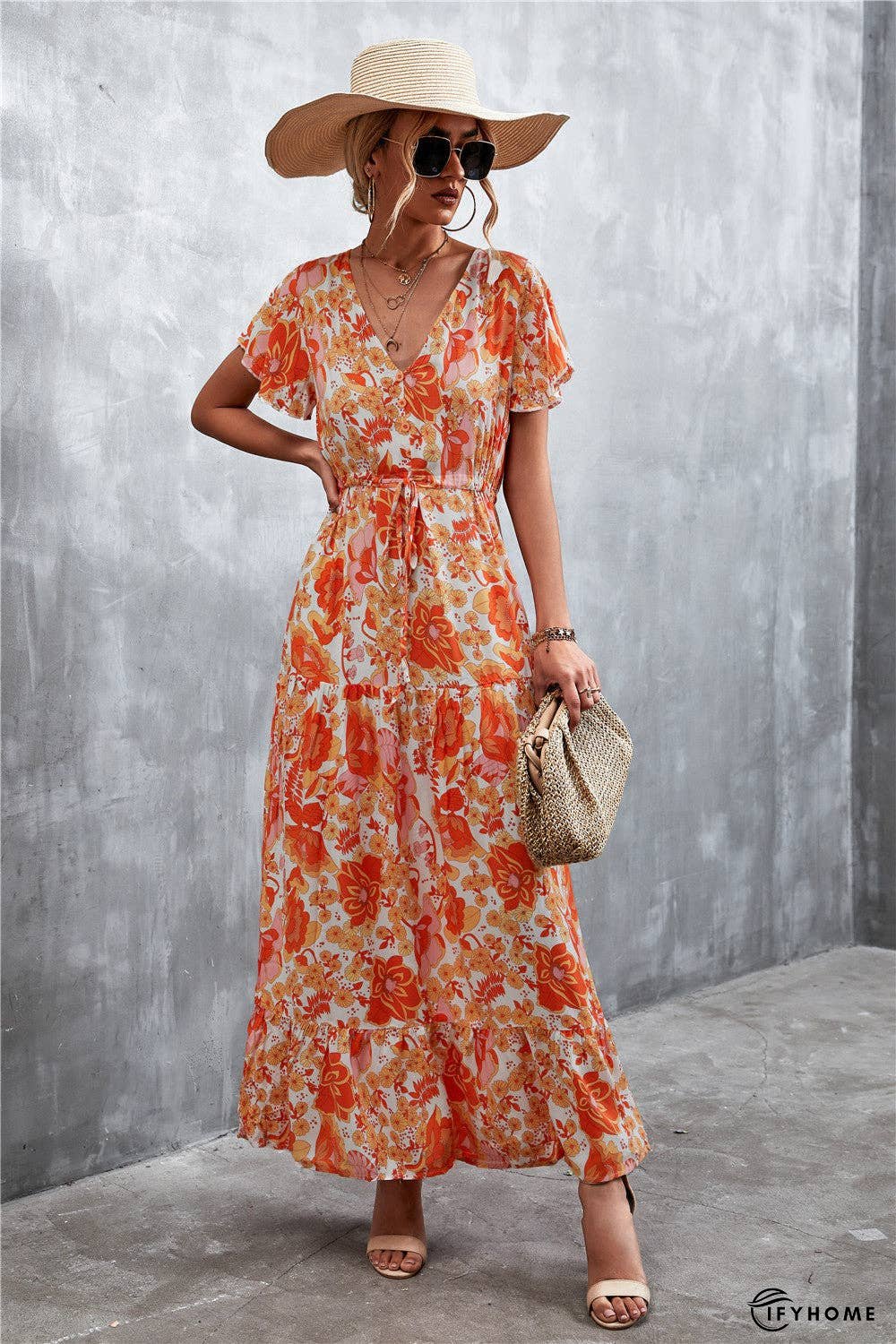 Floral Buttoned Drawstring Waist Tiered Dress | IFYHOME