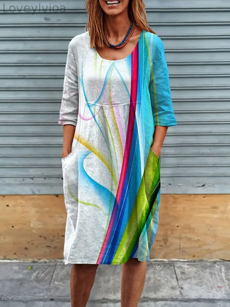 Womens Abstract Art Print Linen Pocket Tunic Dress