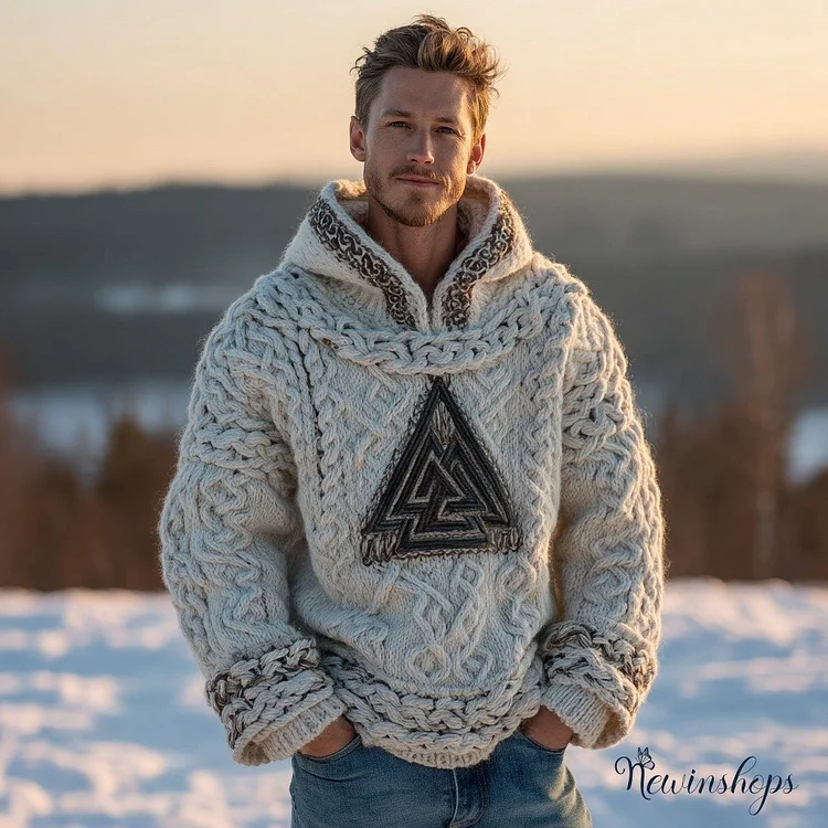 Men's Vintage Viking Celtic Knot Rune Knit Jacquard Warm Hooded Sweater