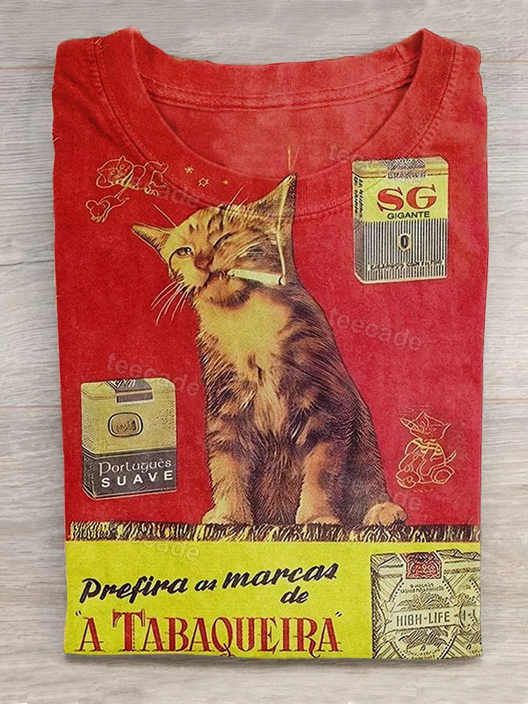 Teecade Teecade  Retro Cat Smoking  Casual T-Shirt