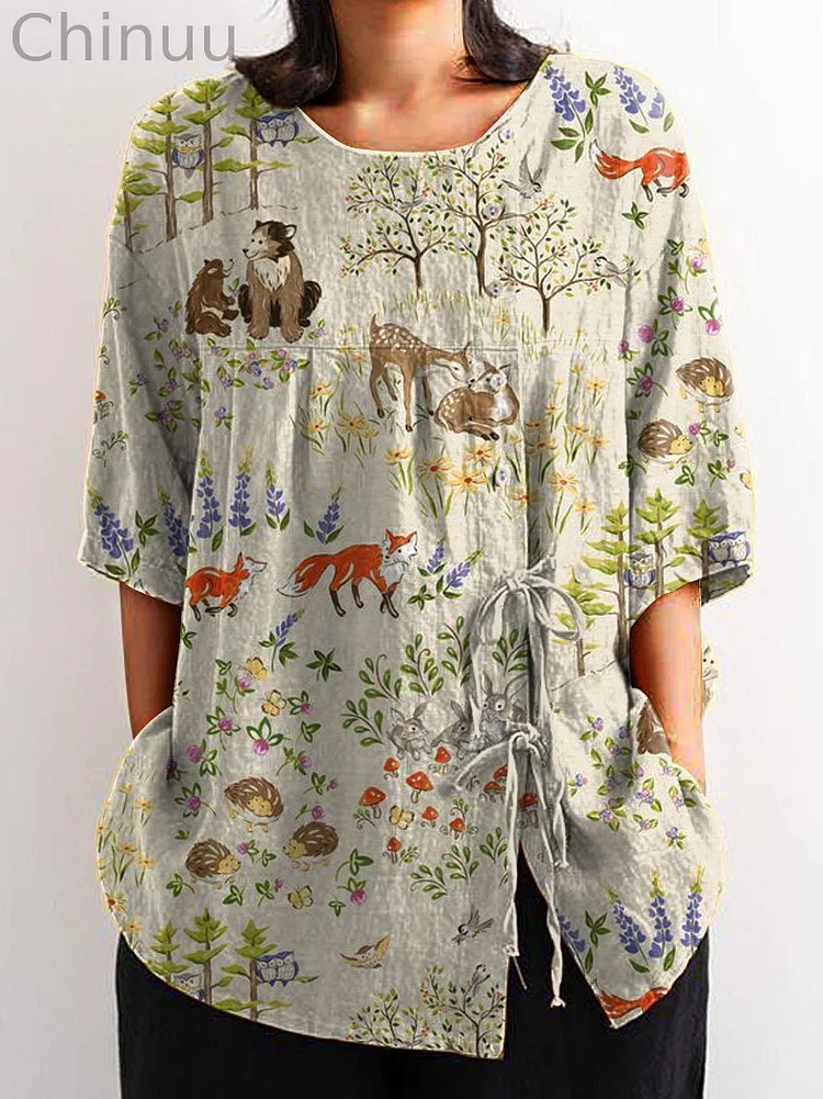 Women's Vintage Lovely Floral Animals Art Print Casual Cotton And Linen Shirt