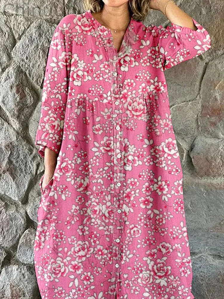 Women's Elegant Vintage Rose Floral Pattern Shirt Style Cotton and Linen Dress