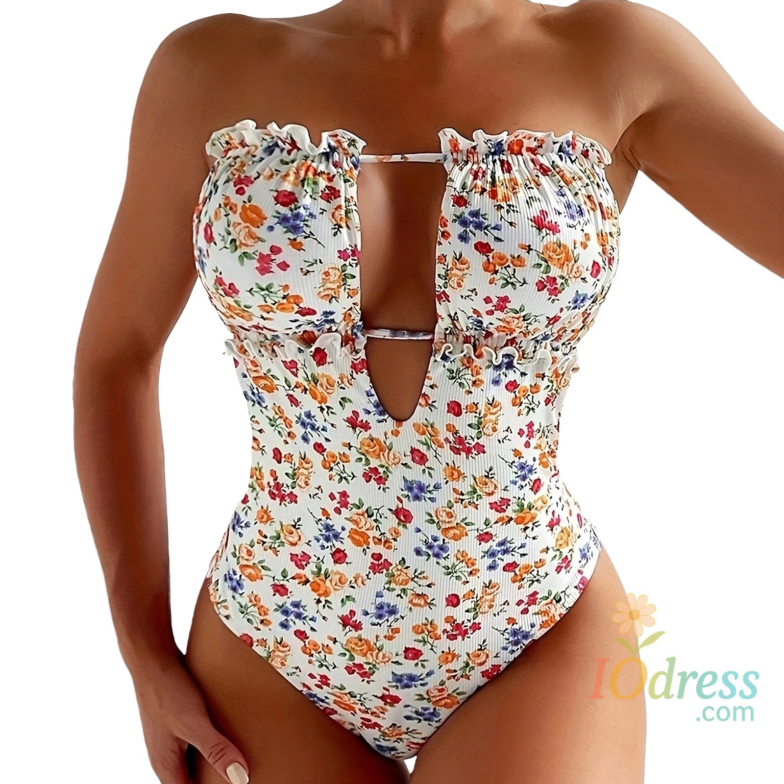 IO Dress Women y2k Vintage Ruffles Bikini Strapless Backless Floral Slim Fit Summer Bodysuits Swimsuits Swimming Bathing Suits Swimwear