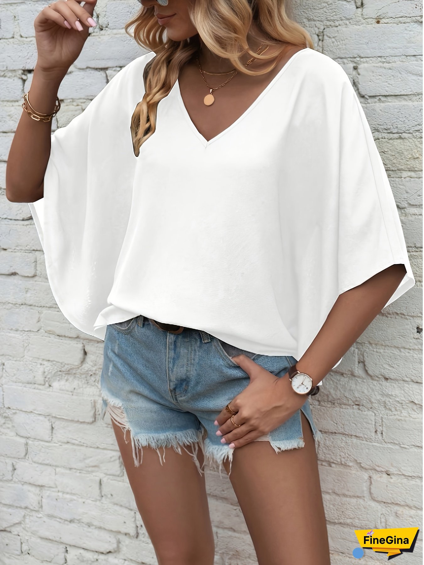 [Casual Blouse] Soft Stretch Women's V-Neck Batwing Sleeve Blouse | Casual Elegance, Loose Fit, Short Sleeve, Perfect for Everyday or Vacation Style