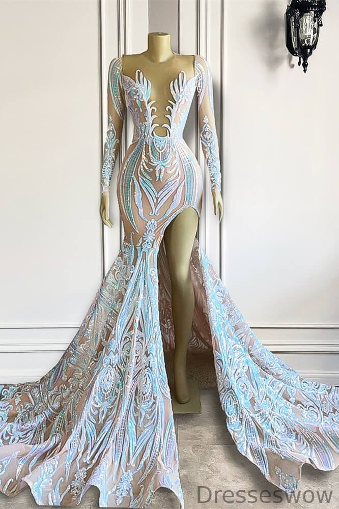 Dresseswow Scoop Long Sleeves Mermaid Evening Gowns With Split Sequins