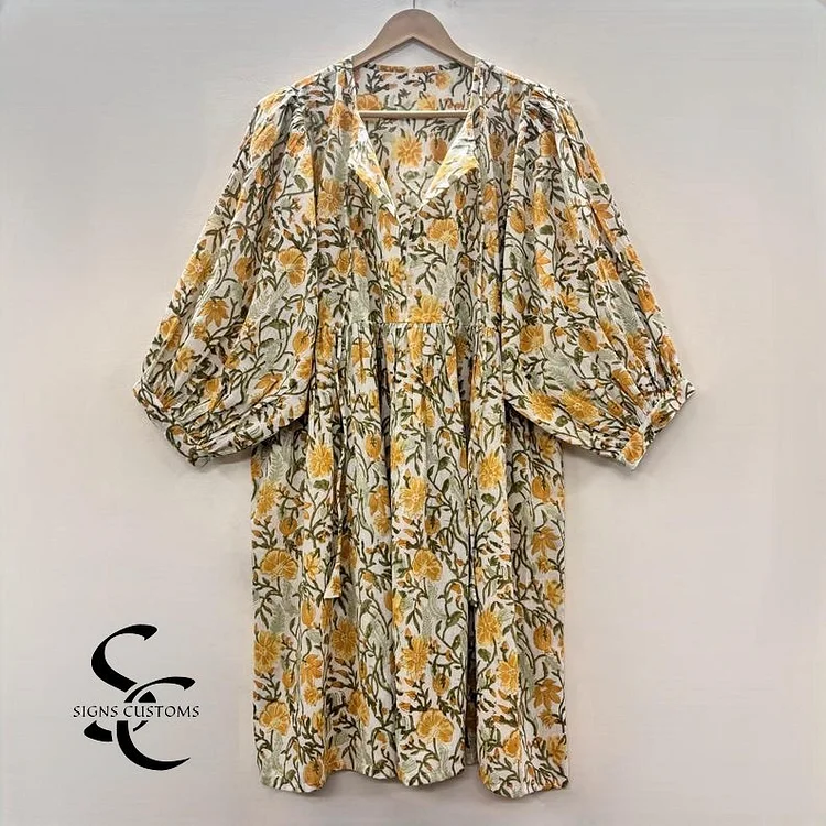 Floral Block Print Woman Midi Dress &ndash; Soft Cotton Summer Tunic for Women with String Closure
