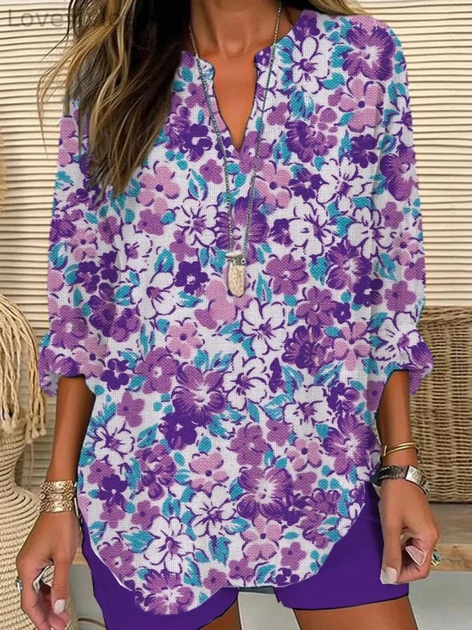 Women's Purple Floral Loose Long Sleeve Crew Neck Top