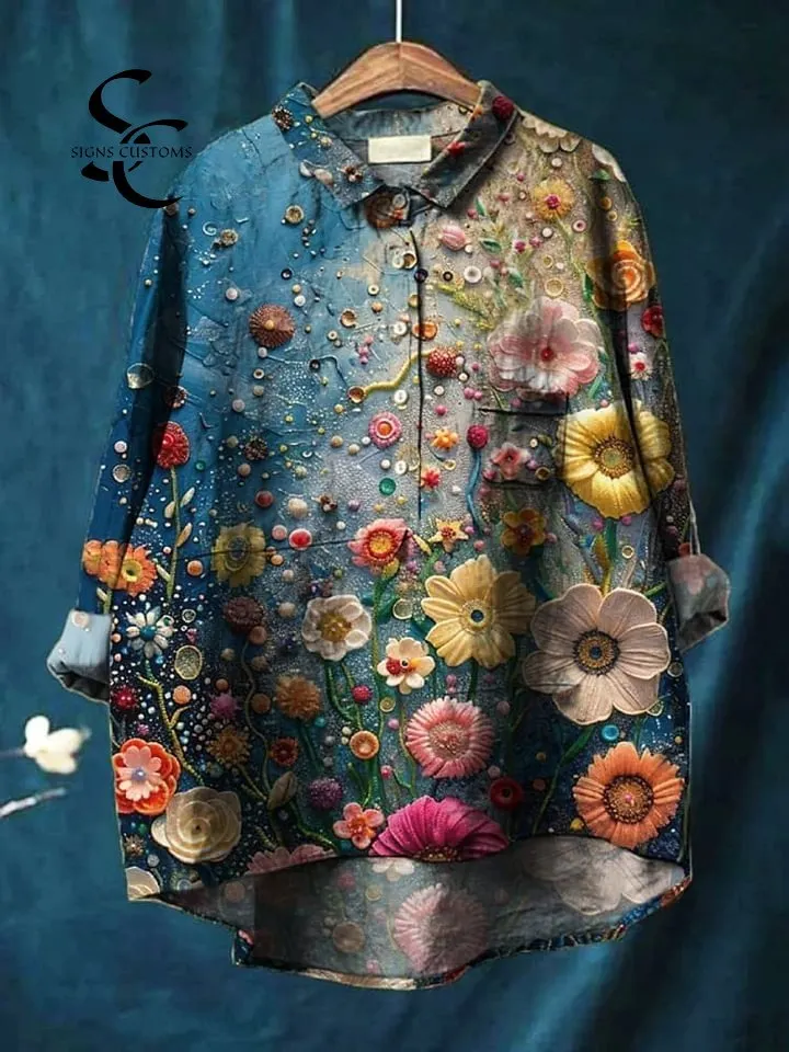 Women's Retro Floral Print Casual Cotton And Linen Shirt